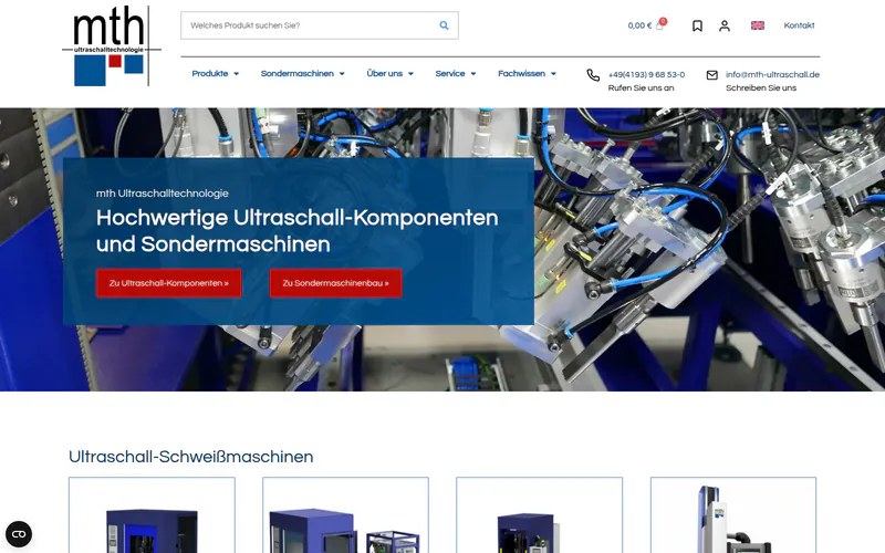 Startseite von MTH Ultraschall mit einem Foto einer Sondermaschine und dem Titel „Hochwertige Ultraschall-Komponenten und Sondermaschinen“.